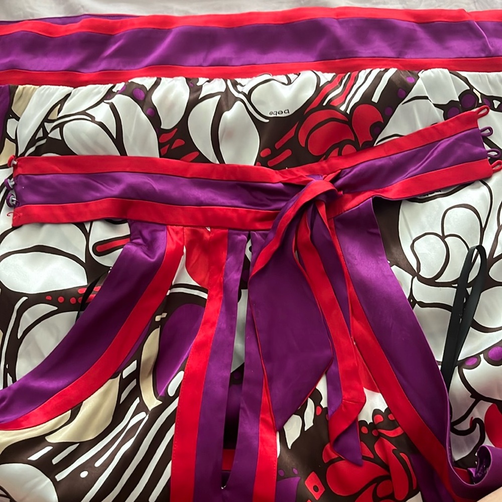 Bebe purple, red, white, brown and beige halter top.